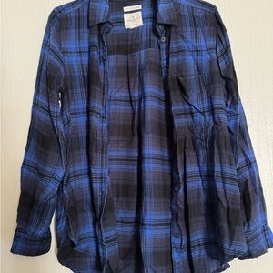 American Eagle Outfitters Blue and Black Plaid Button-Down Shirt